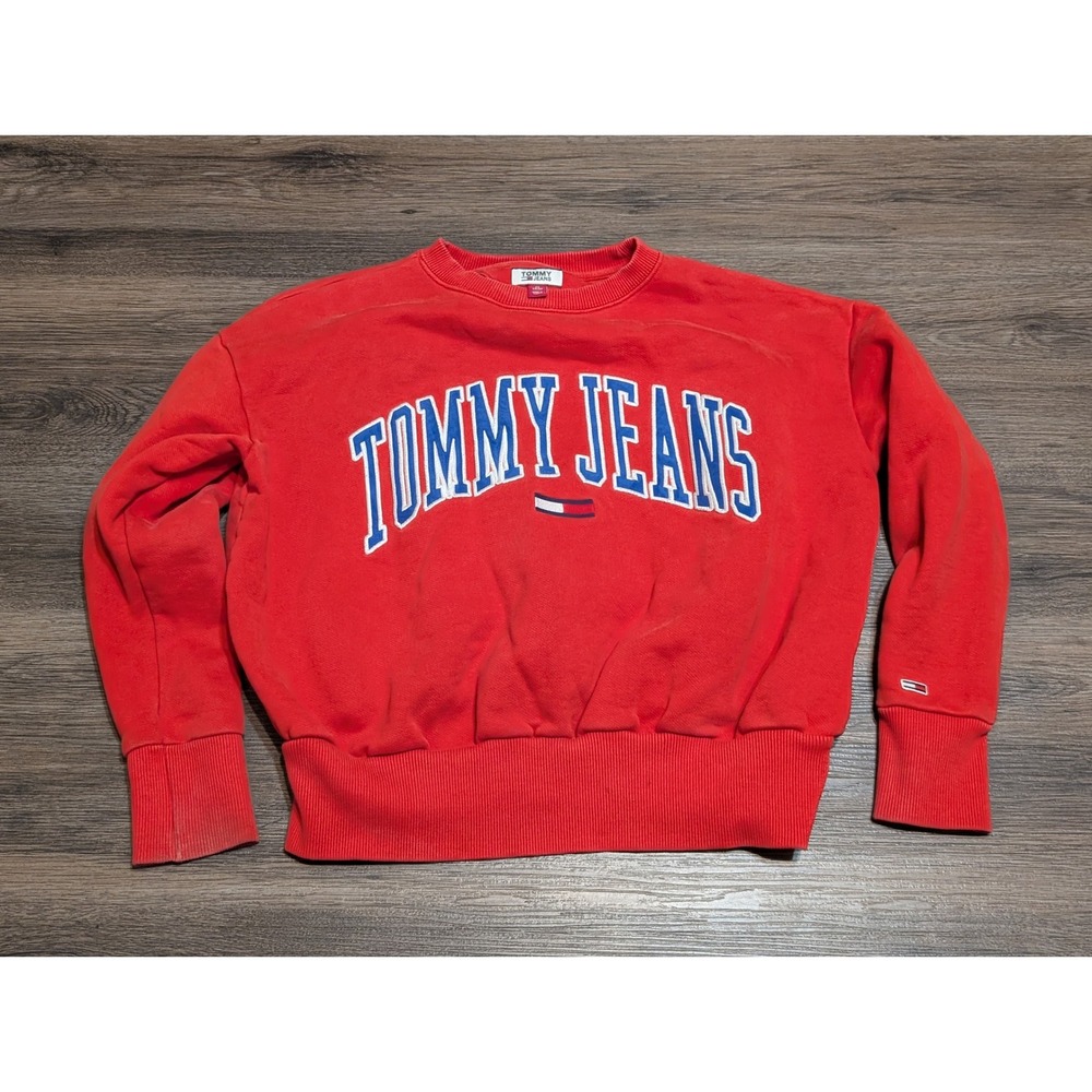 Tommy Jeans Red Crew Neck‎ Sweatshirt Large Logo Spellout XS Made in Turkey